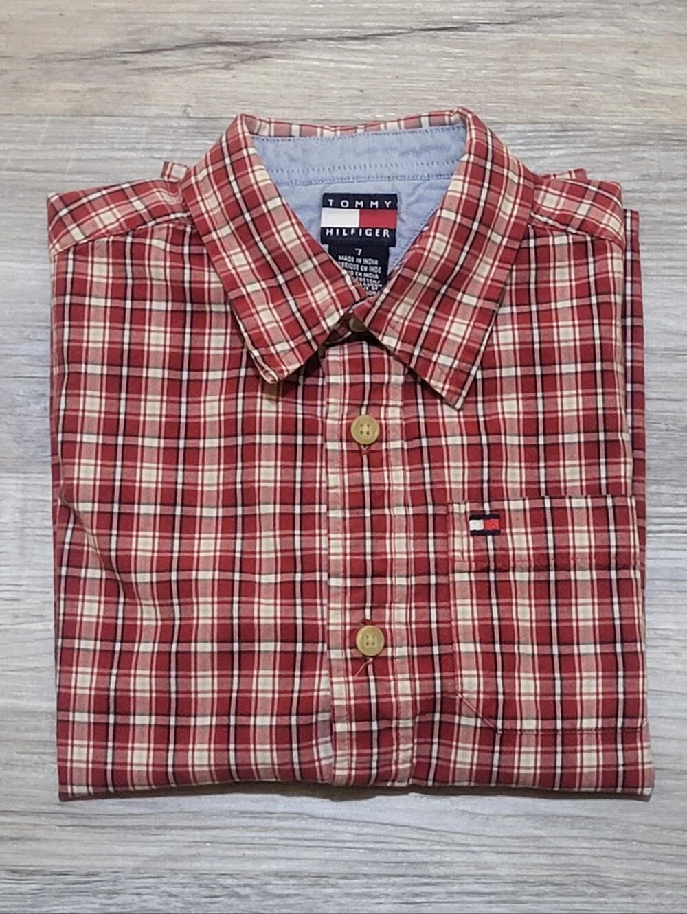 🩷Y2K Boys Tommy Hilfiger Red &White Plaid Short-Sleeve Size 7Y